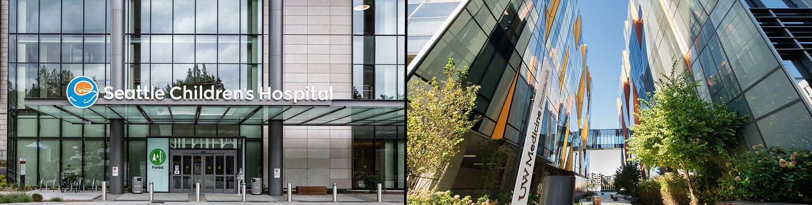 Exterior view of Seattle Childrens Hospital, showing the main entrance with large glass windows and the hospital sign, alongside modern architecture with colorful panels and trees.