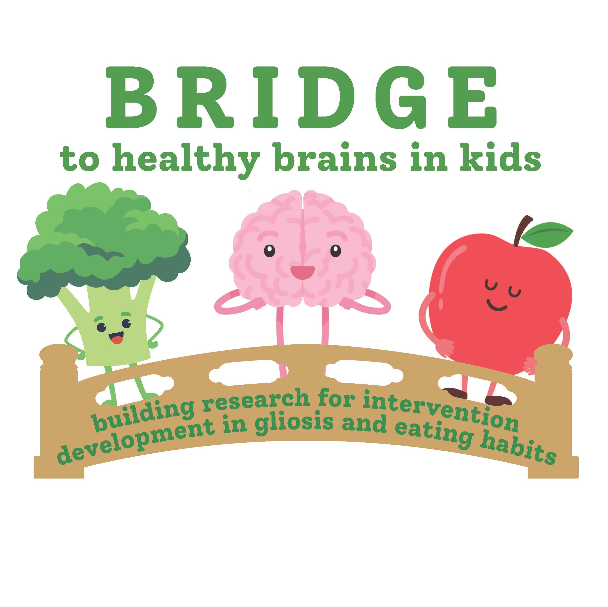 Illustration of a smiling broccoli, brain, and apple standing on a bridge. Text reads: BRIDGE to healthy brains in kids, with a subtext: building research for intervention development in gliosis and eating habits.