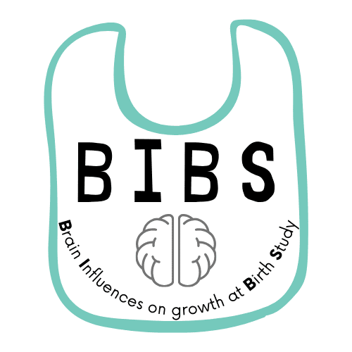 A white baby bib with a teal border features large black letters BIBS above a simple gray brain illustration. Below, in curved text it reads: Brain Influences on growth at Birth Study.