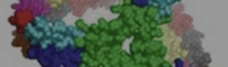 A blurred image of a colorful molecular model, with clusters of spheres in green, blue, red, purple, and yellow, representing a complex chemical or biological structure.