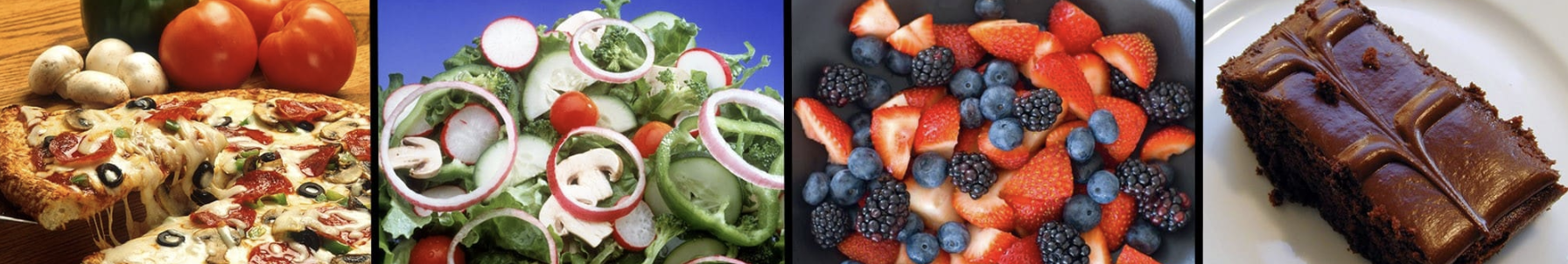 A collage showing a veggie pizza, a fresh salad with radishes and tomatoes, a bowl of mixed berries, and a slice of chocolate cake on a white plate.