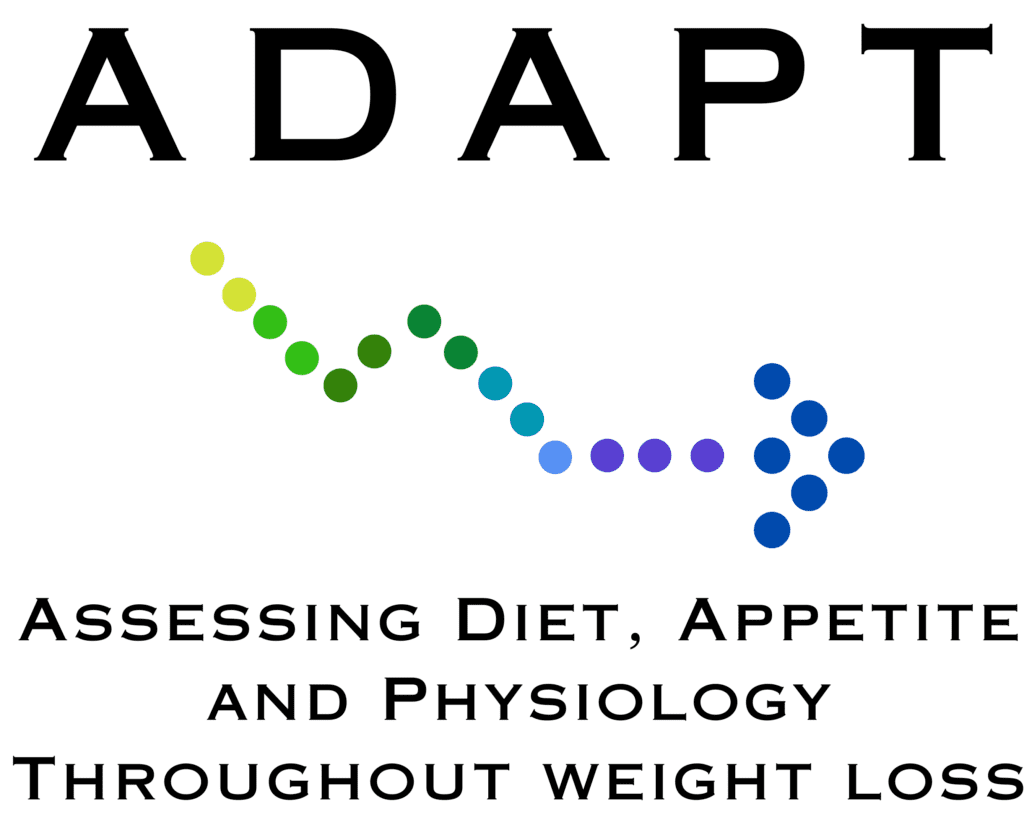 The image shows the acronym ADAPT above a dotted arrow that changes from green to blue, pointing right, with the text: Assessing Diet, Appetite and Physiology Throughout weight loss below.