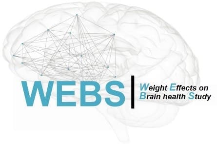 The WEBS logo features a transparent brain with interconnected lines, the acronym WEBS in large blue letters, and the phrase Weight Effects on Brain health Study in smaller text to the right.